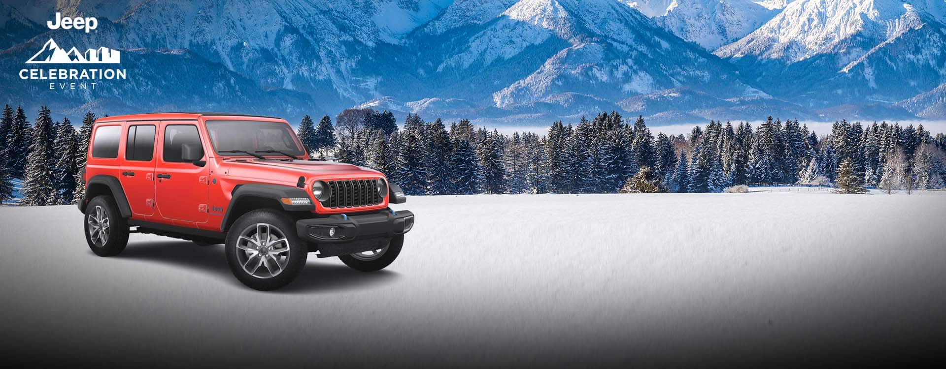 2024 Jeep Wrangler Sport S 4xe parked on a snow-covered trail in the mountains. Jeep. Jeep Celebration Event logo.