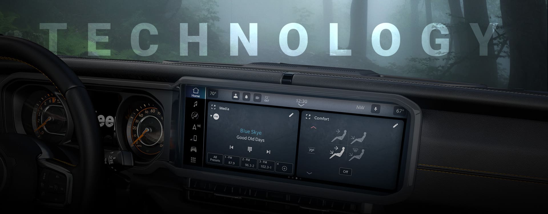 A close-up of the Uconnect 5 touchscreen in the 2024 Jeep Wrangler with a split-screen displaying the radio selection and climate controls. Technology.