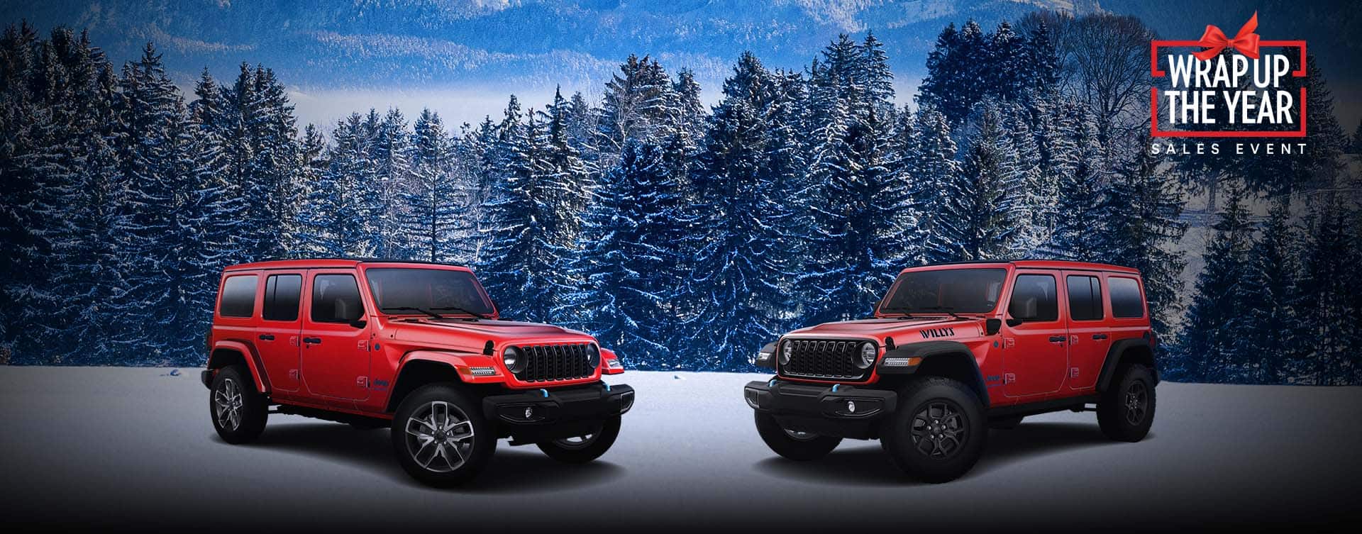 Two red Jeep Wrangler models parked perpendicular to each other on a snow-covered trail in the mountains. On the left, a 2024 Jeep Wrangler Sport S 4xe; and on the right, a 2024 Jeep Wrangler Willys 4xe. Wrap Up The Year Sales Event.
