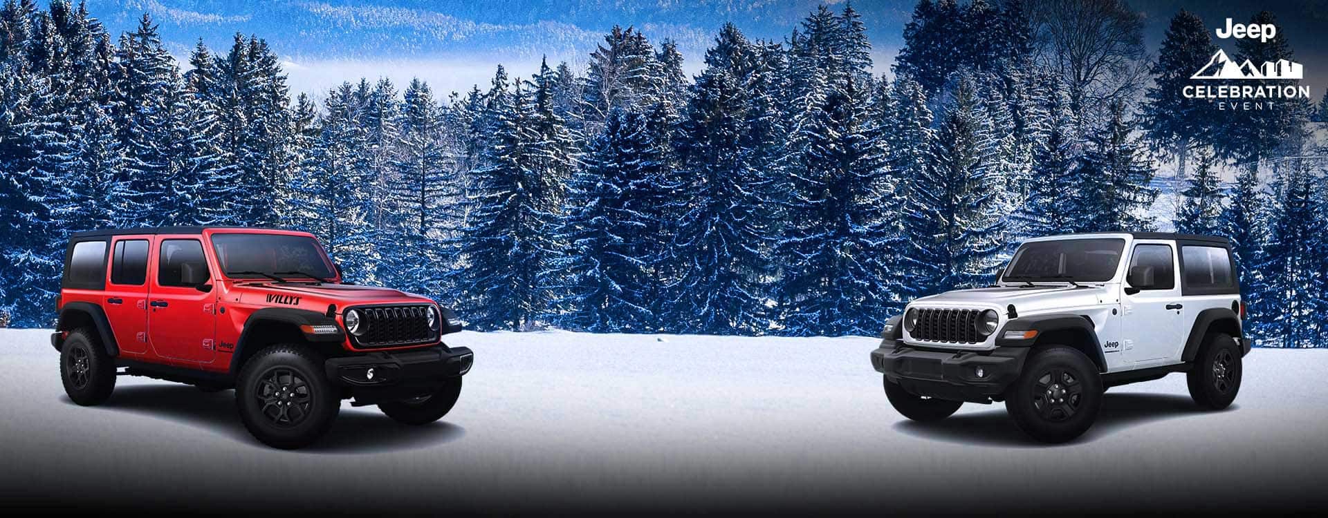  A 2024 Jeep Wrangler Willys 4-door and 2024 Jeep Wrangler Sport 2-door parked on a snow-covered trail in the mountains. Jeep. Jeep Celebration Event logo.