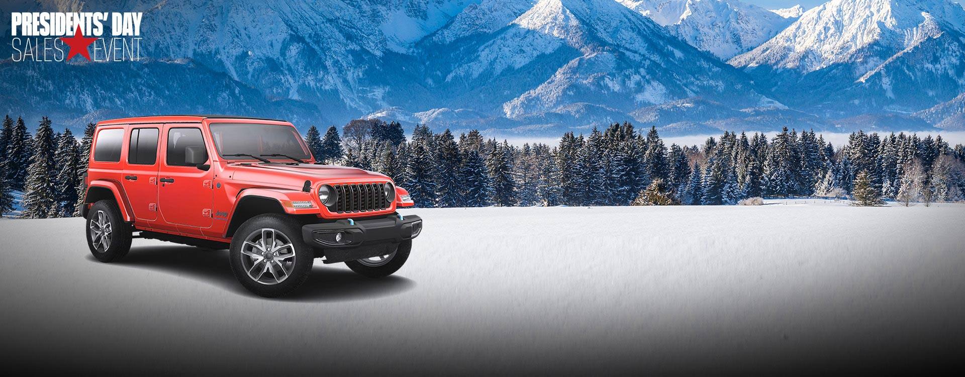 Un Jeep Wrangler Sport S 4xe 2024 estacionado en un sendero cubierto de nieve en las montañas. Jeep. Logotipo del evento de ventas por el Día de los Presidentes.