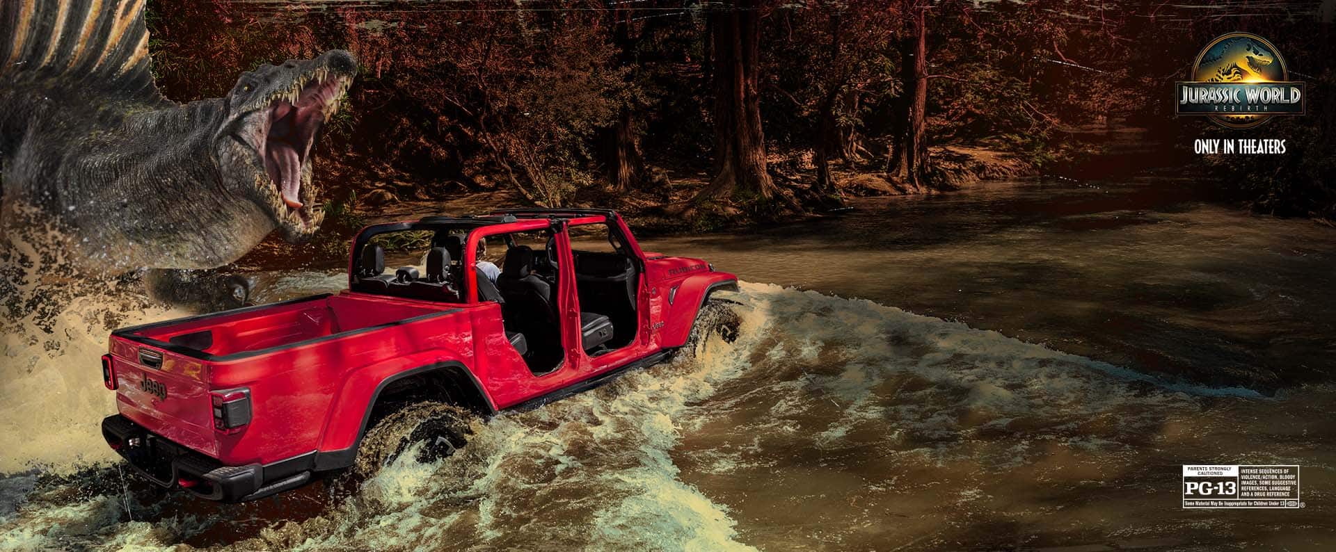 A red 2025 Jeep Gladiator Rubicon X with its doors and roof removed, fording through a jungle swamp with raptor claw marks on the edges of the frame.