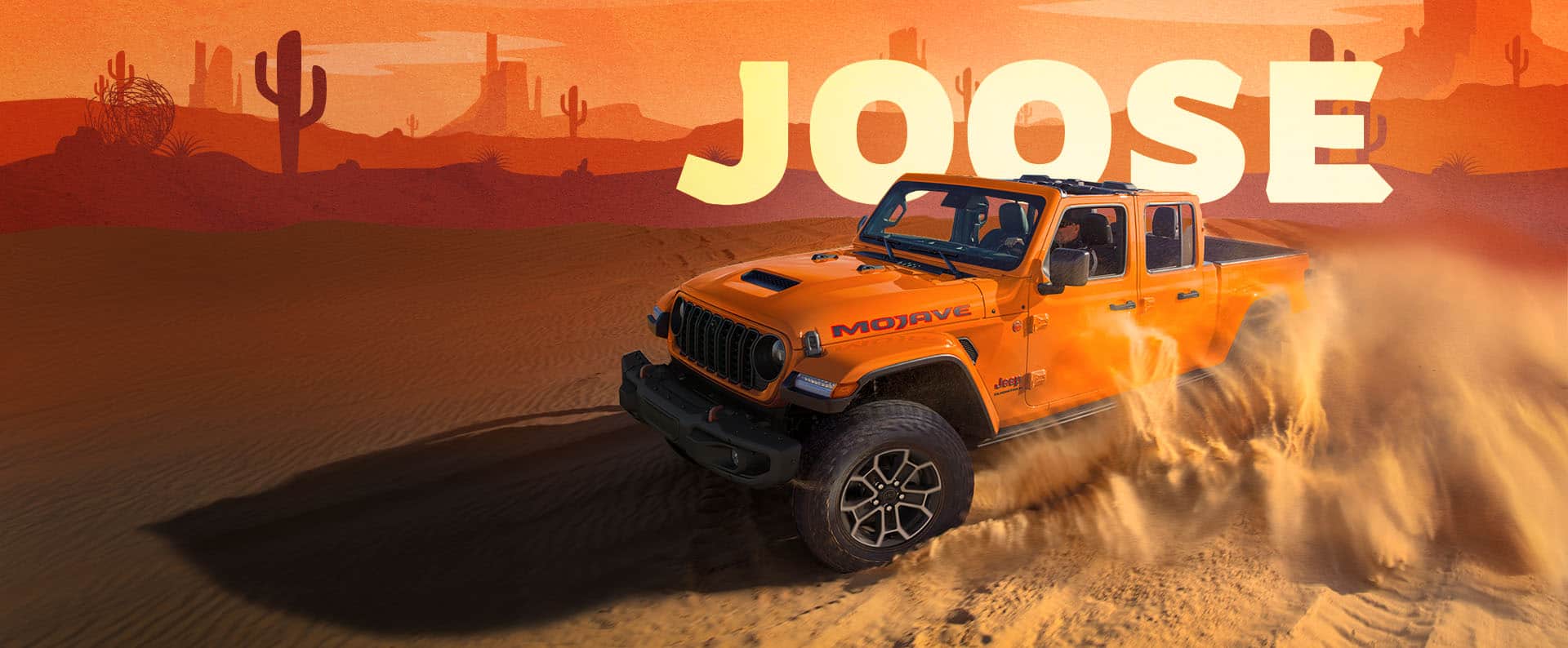 An orange 2025 Jeep Gladiator Mojave X on an illustrated background. Joose.