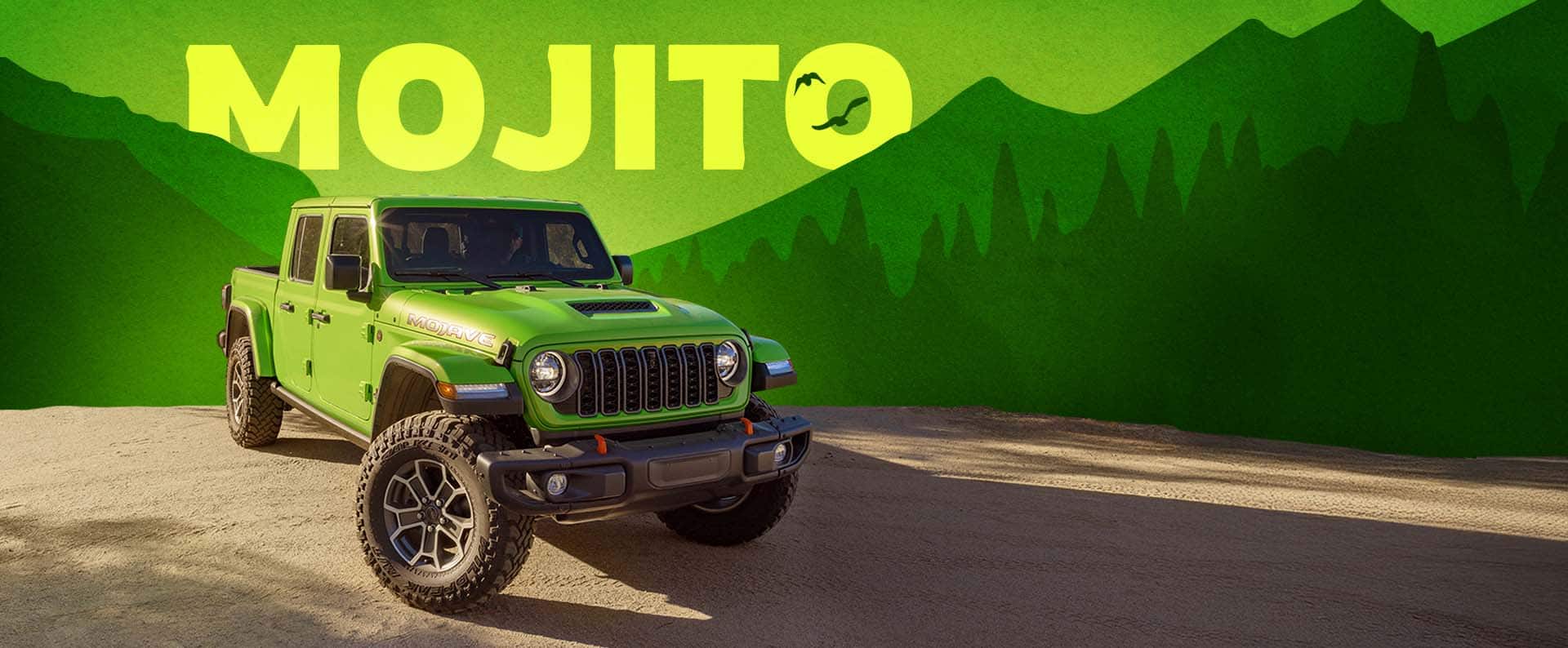 A lime green 2025 Jeep Gladiator Mojave X on an artificial background. Mojito.