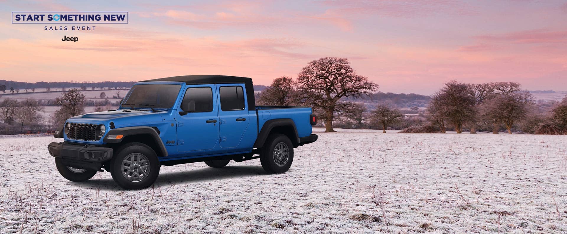 A blue 2025 Jeep Gladiator Sport S with black soft top, parked on a snow-covered hilltop at sunset. The Start Something New Sales Event. Jeep.