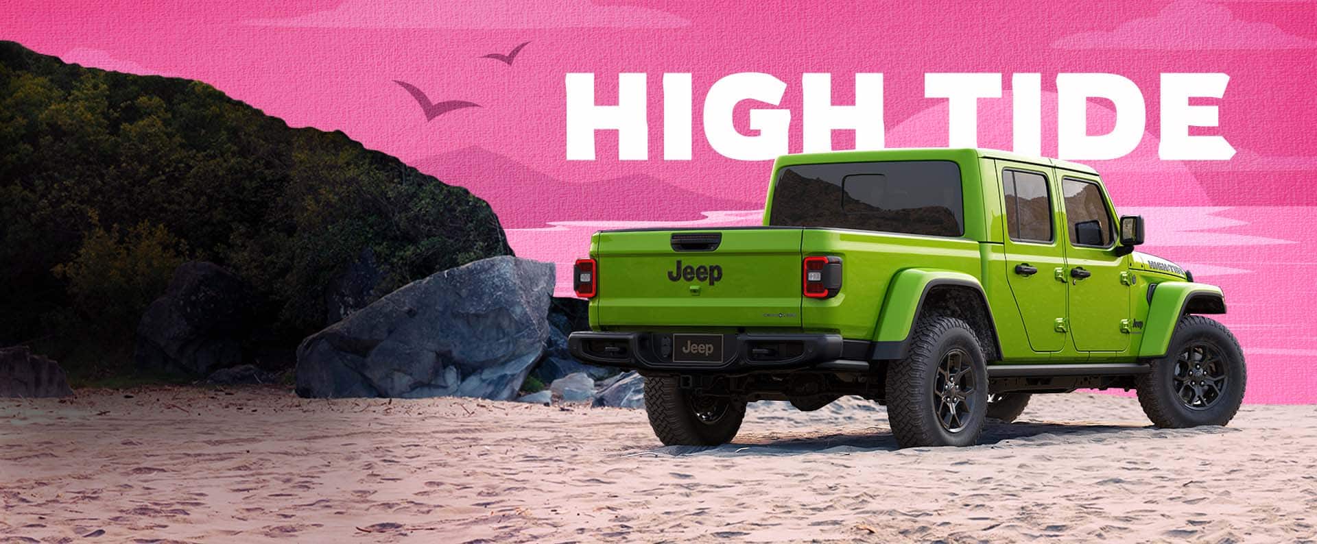 A passenger-side rear angle of a lime green 2025 Jeep Gladiator High Tide, set on an illustrated beach. High Tide.
