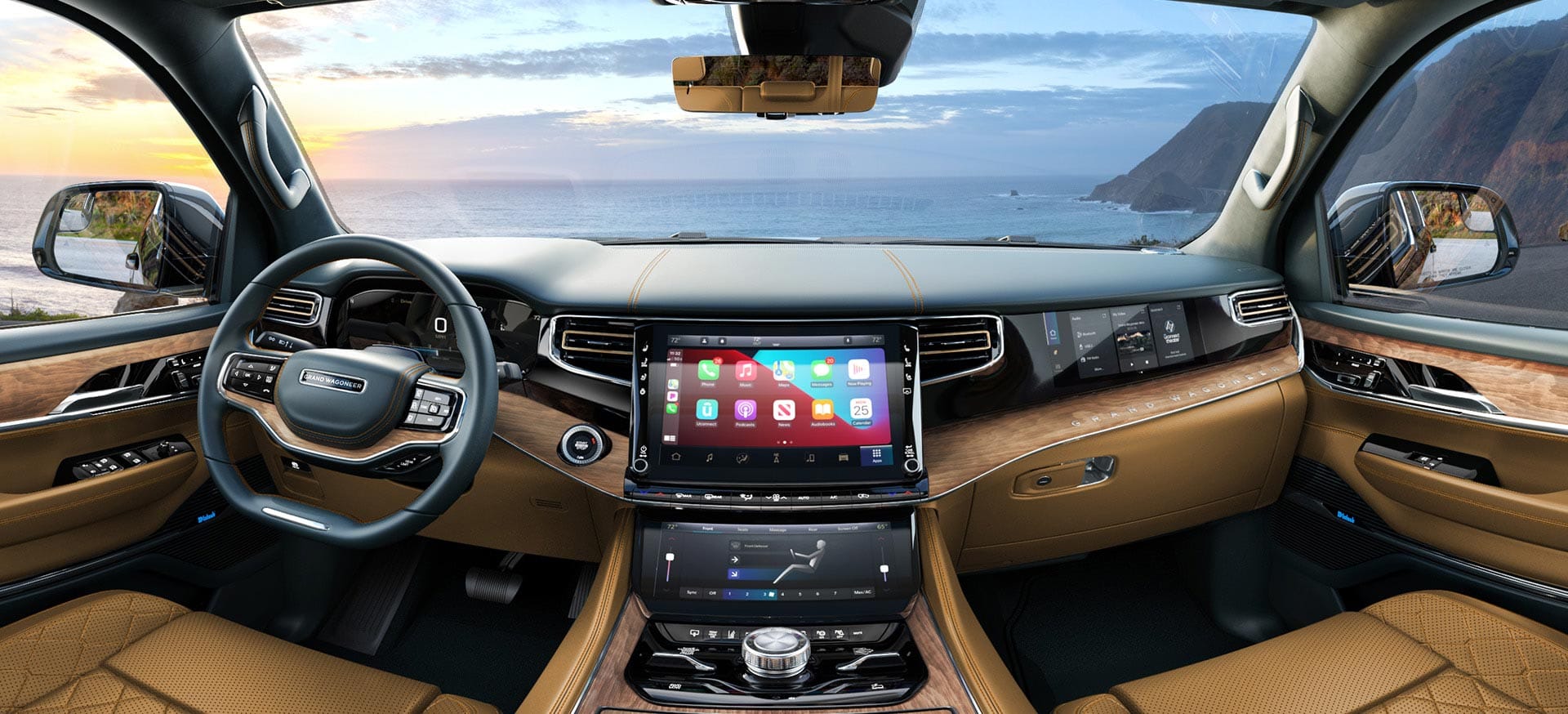A 360-degree rotating display of the interior of a 2025 Jeep Grand Wagoneer Series 3, beginning with the front, and accessible with left and right arrows. 360-degree interior. Explore what's inside.