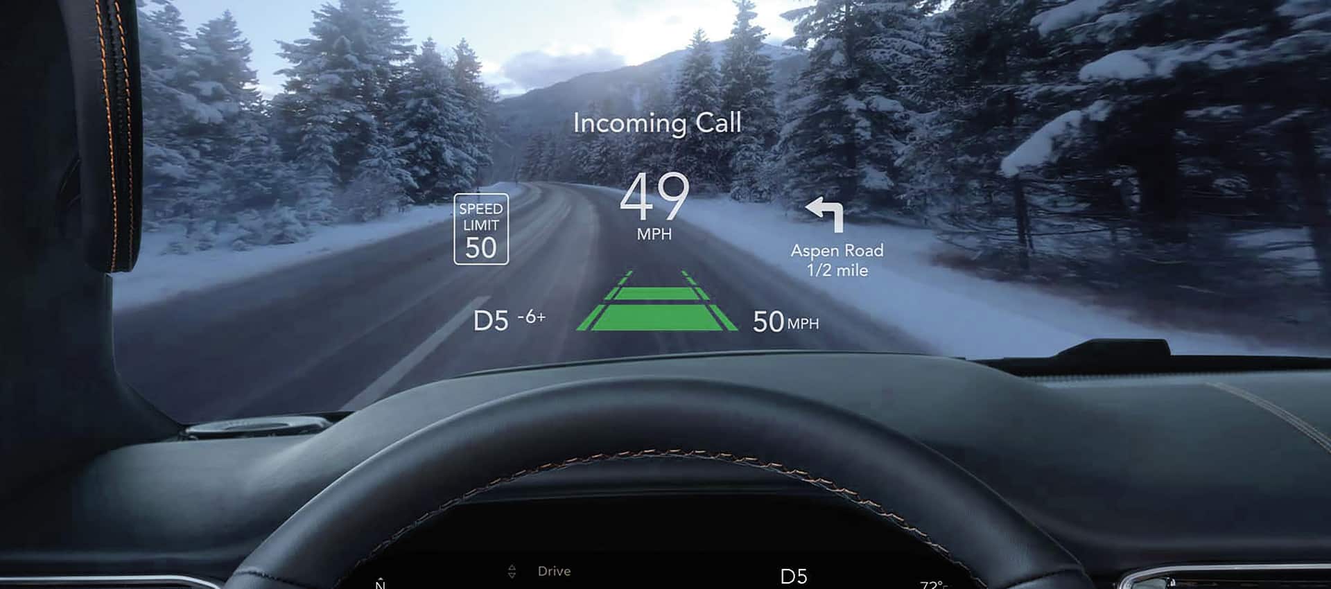 An incoming call notification, the current speed limit, the vehicle's actual speed and upcoming navigation instructions, all displayed on the windshield of the 2025 Jeep Wagoneer with the Head-Up Display.