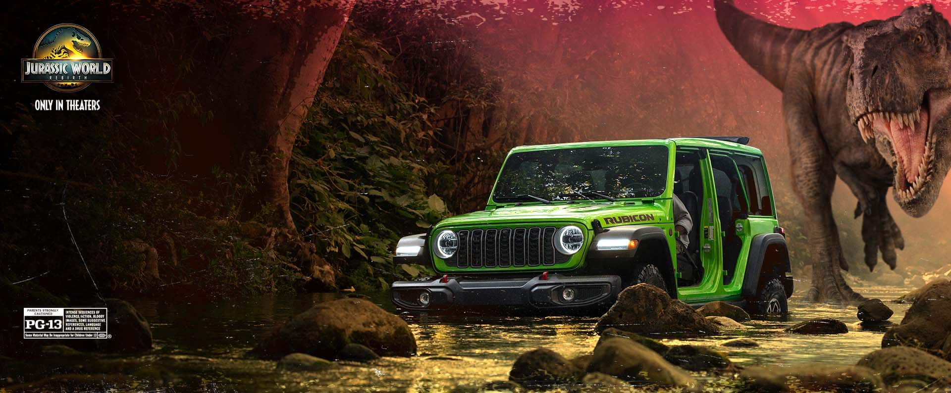 A lime green 2025 Jeep Wrangler Rubicon with its doors removed, fording through a jungle swamp filled with boulders and raptor claw marks on the edges of the frame.