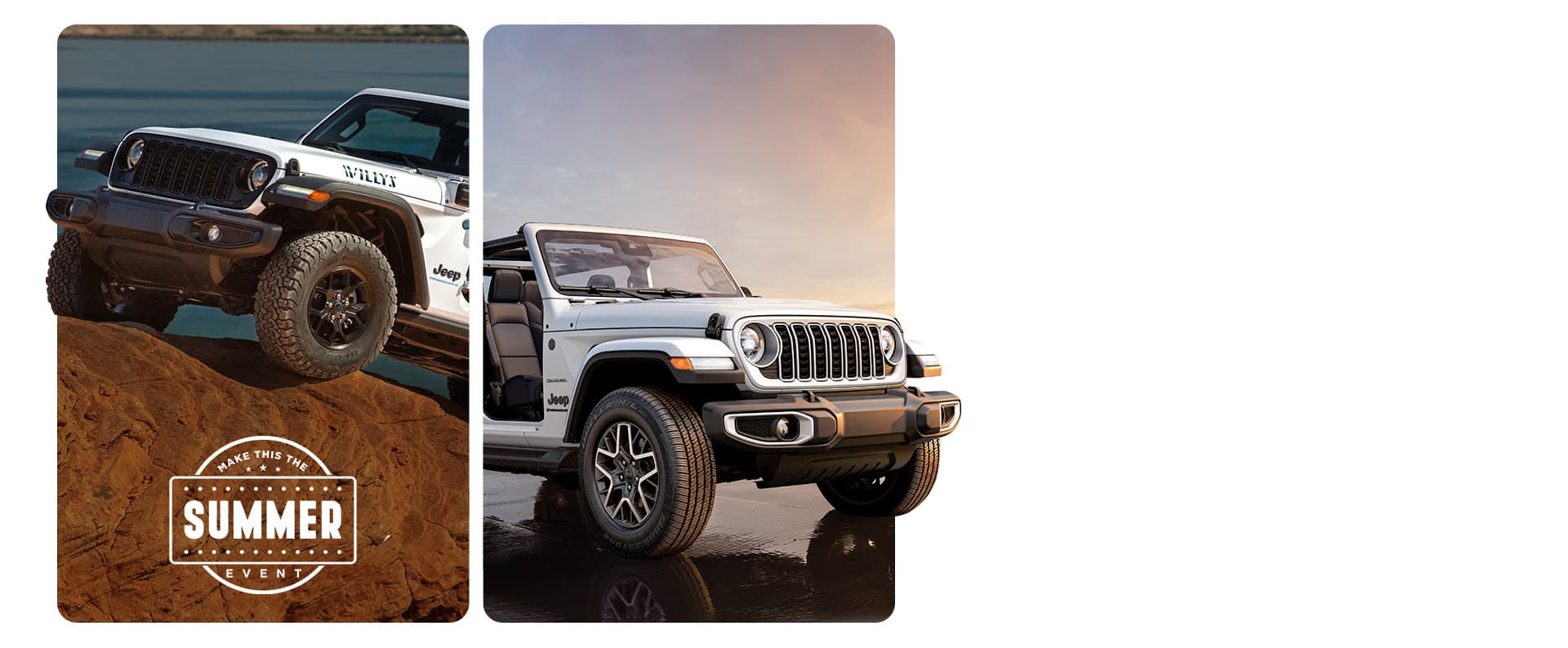 Left image A white 2025 Jeep Wrangler Willys 4xe with its doors and roof removed, ascending a sand dune. Employee Pricing Plus. Right image A white 2025 Wrangler Sahara. Both vehicles have their doors and roofs removed. Summer Event.