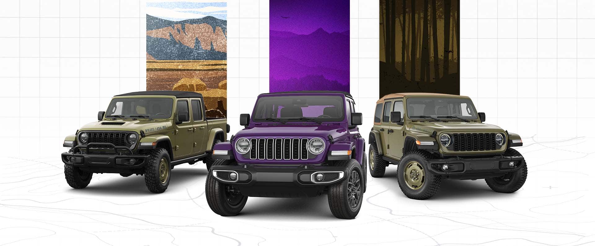 Three limited editions from the Jeep Brand: From left to right, an olive drab 2026 Jeep Gladiator Willys '41 with a black top, a dark purple 2026 Jeep Wrangler Sahara with a black top and an olive drab 2026 Jeep Wrangler Willys '41 with a tan top.