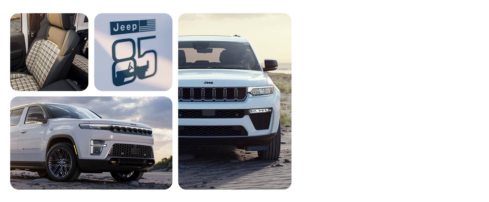 Cuatro imágenes de Jeep 85th Anniversary: Los asientos con inserciones a cuadros, la insignia de Jeep 85th Anniversary, un Grand Cherokee 85th Anniversary Edition 2026 en blanco y un Grand Wagoneer 85th Anniversary Edition​​​​​​​ en blanco.