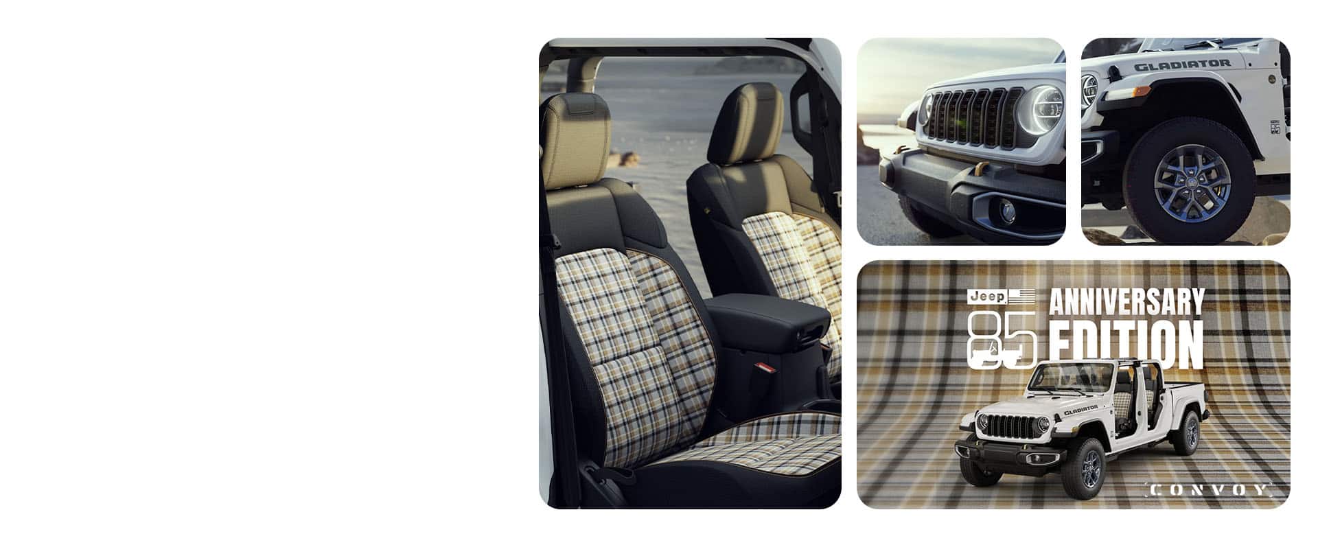 Cuatro vistas del Jeep Gladiator 2026 85th Anniversary Edition: los asientos delanteros, la parrilla, una rueda con neumático y el vehículo completo sin puertas ni techo, sobre un fondo a cuadros. Jeep 85 Anniversary Edition. Escolta.