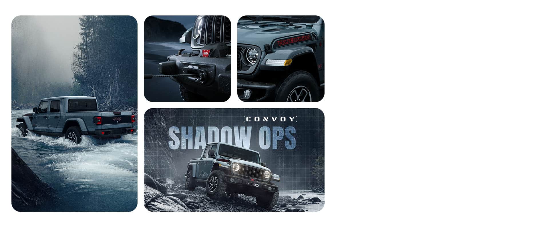 Cuatro vistas del Jeep Gladiator 2026 Shadow Ops: una toma trasera cruzando un arroyo profundo, el cabrestante y la defensa delantera, un faro delantero, un faro antiniebla y el vehículo avanzando sobre escombros bajo la lluvia nocturna, con una cuadrícula satelital semitransparente de fondo. Convoy. Shadow Ops.