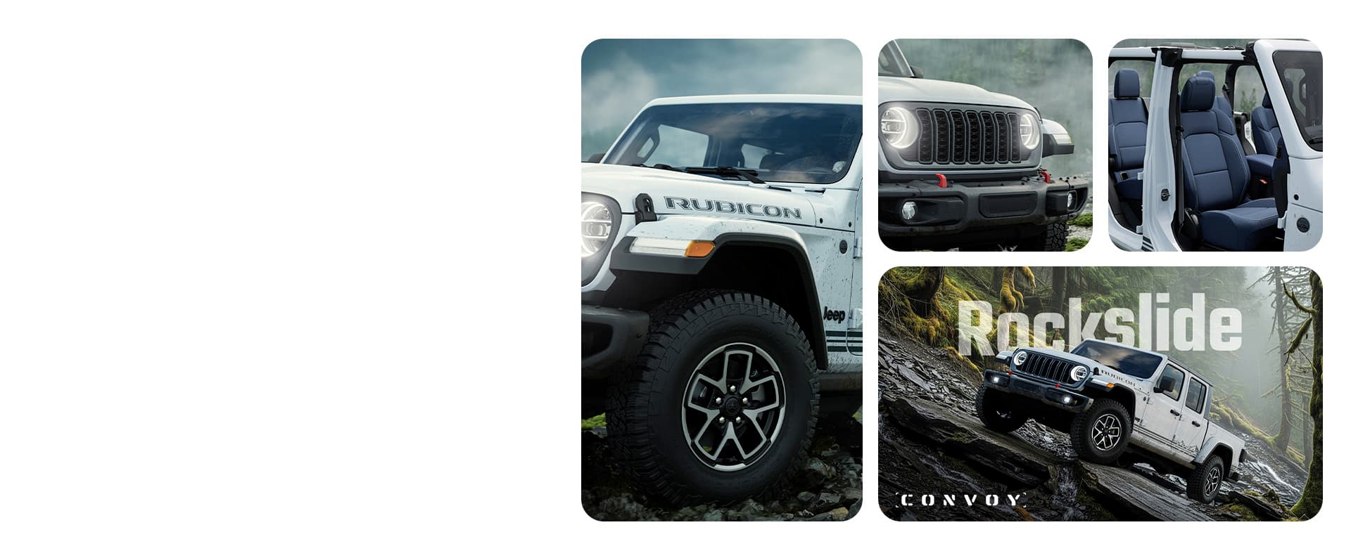 Cuatro aspectos de un Jeep Gladiator Rubicon Rockslide 2026 blanco: el neumático y la rueda delanteros del lado del conductor, la parrilla y los faros delanteros, las puertas del lado del pasajero extraídas, dejando a la vista los asientos delanteros y traseros, y el Rockslide avanzando por un sendero empinado y rocoso fuera de carretera. Rockslide. Convoy.