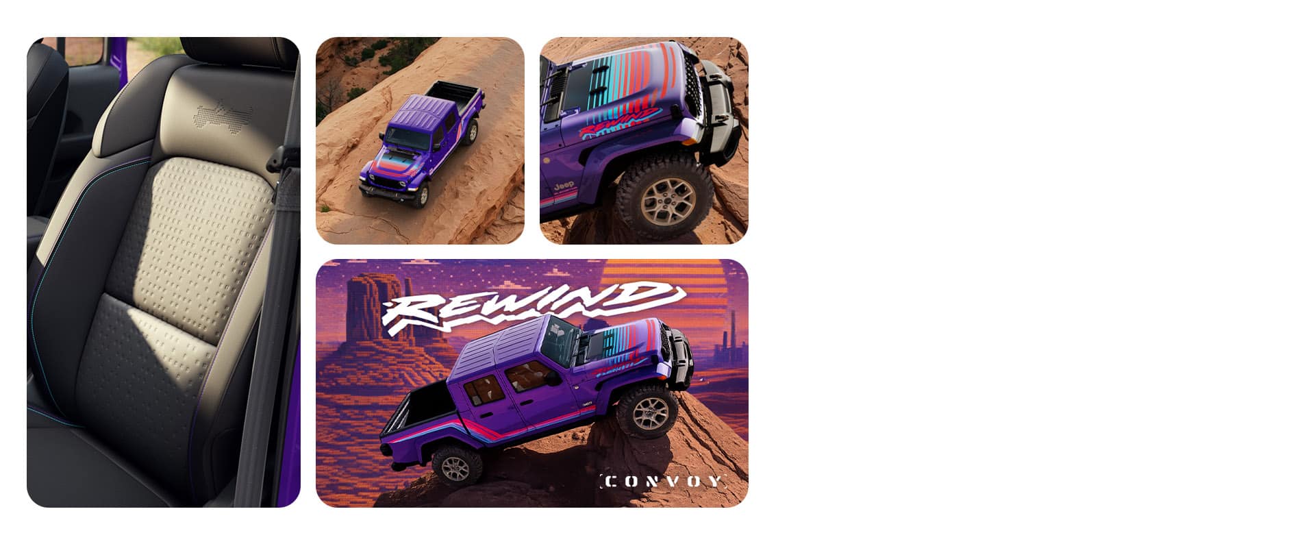Cuatro aspectos de un Jeep Gladiator Rewind 2026 morado: el asiento del conductor, un ángulo superior de todo el vehículo, el capó y la rueda y neumático delanteros del lado del pasajero y un perfil lateral del lado del pasajero del vehículo con sus neumáticos delanteros elevados sobre un saliente. Rewind. Convoy.