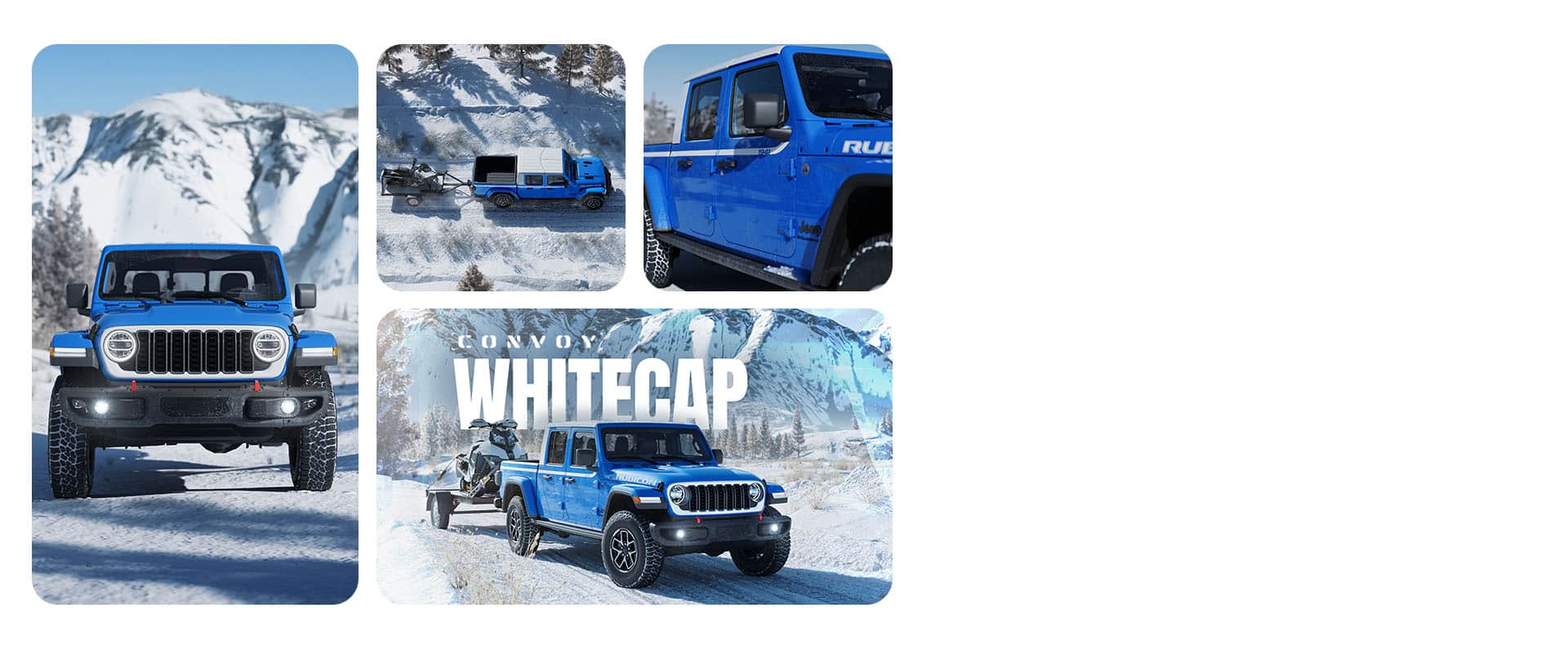 Cuatro vistas de un Jeep Gladiator Rubicon Whitecap 2026 azul en escenarios invernales nevados: una toma frontal de la camioneta, una vista aérea con dron remolcando un ATV en un remolque de plataforma, las puertas delanteras y traseras del lado del pasajero y una toma a nivel del suelo remolcando el ATV. Convoy. Whitecap.