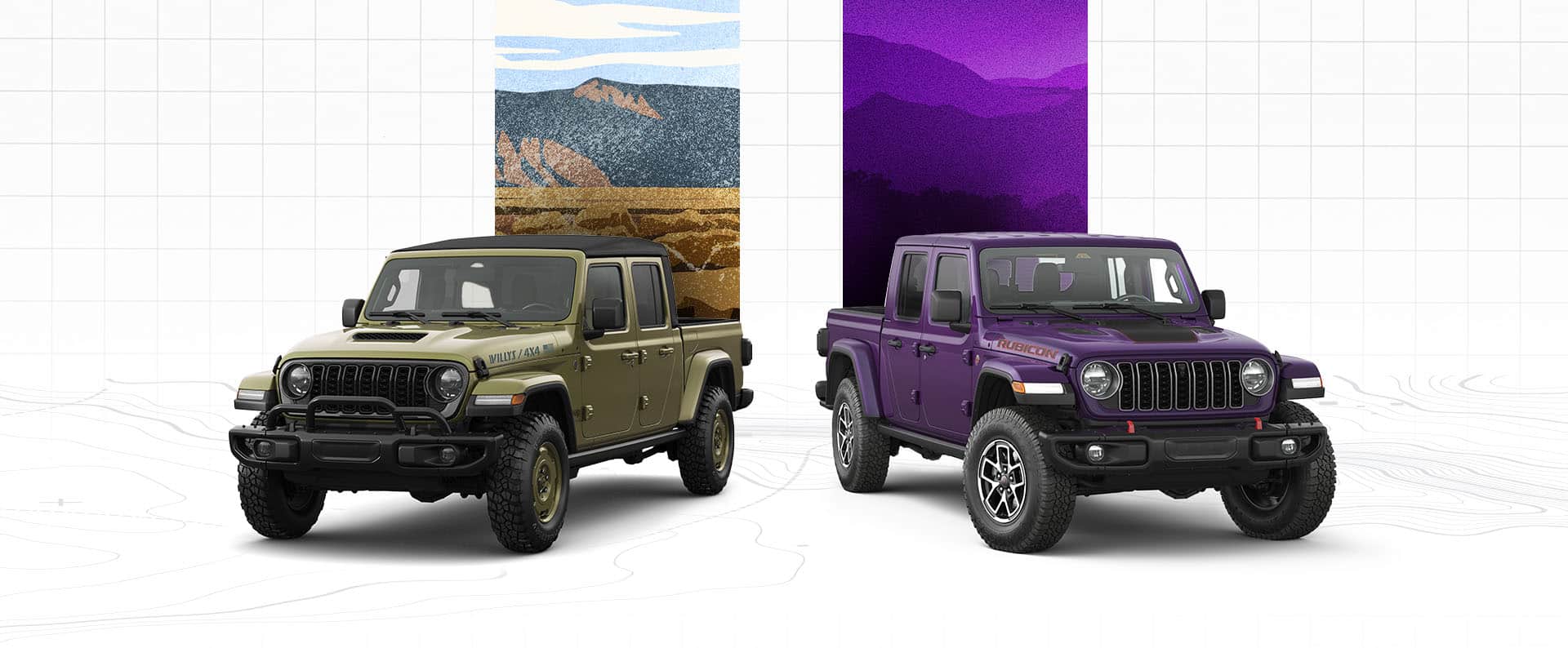 Two Jeep Gladiator models: From left to right, an olive drab 2026 Jeep Gladiator Willys '41 with black top and a dark purple 2026 Jeep Gladiator Rubicon.