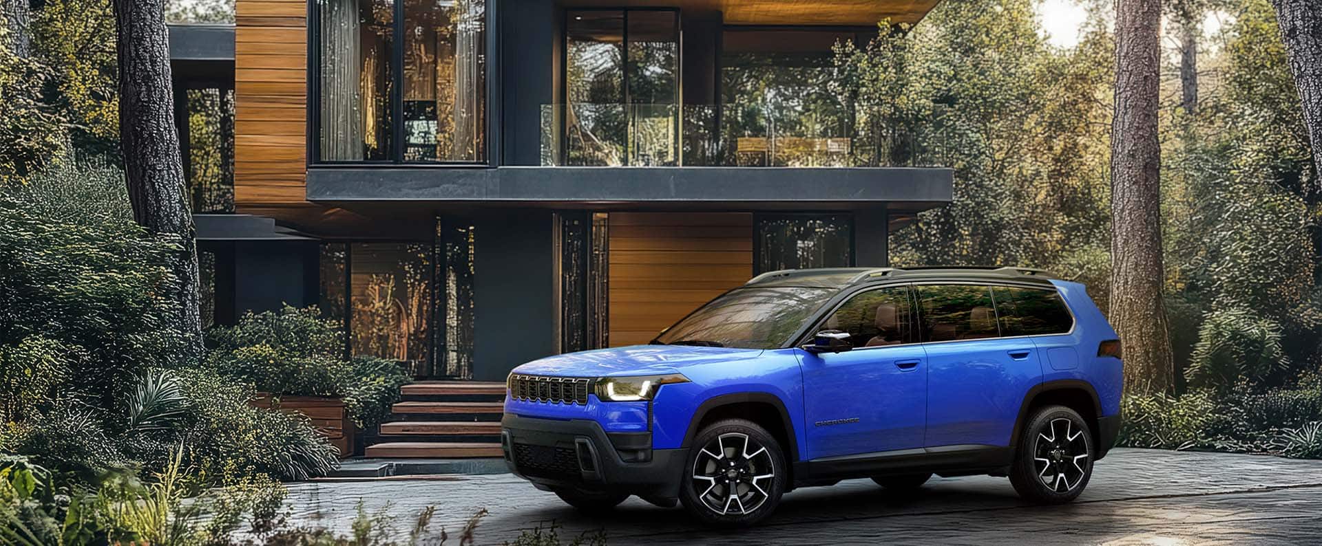 A blue 2026 Jeep Cherokee Overland parked in the driveway of a large contemporary home in the woods.