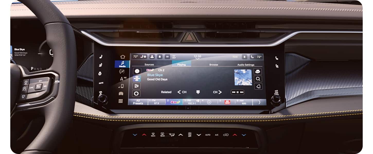 A close-up shot of the new 12.3-inch touchscreen display in a Jeep Cherokee.