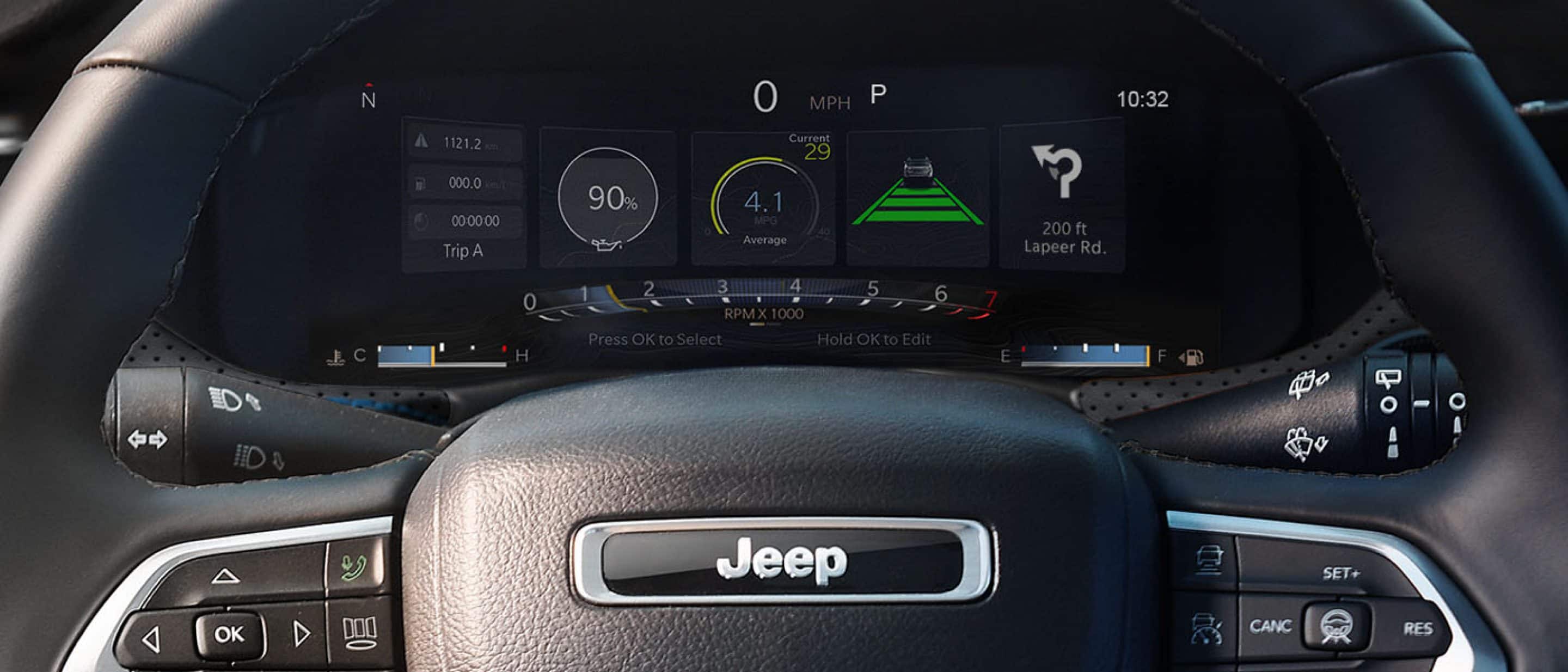 Overhead view of the 2026 Jeep Compass front and rear seats and steering wheel