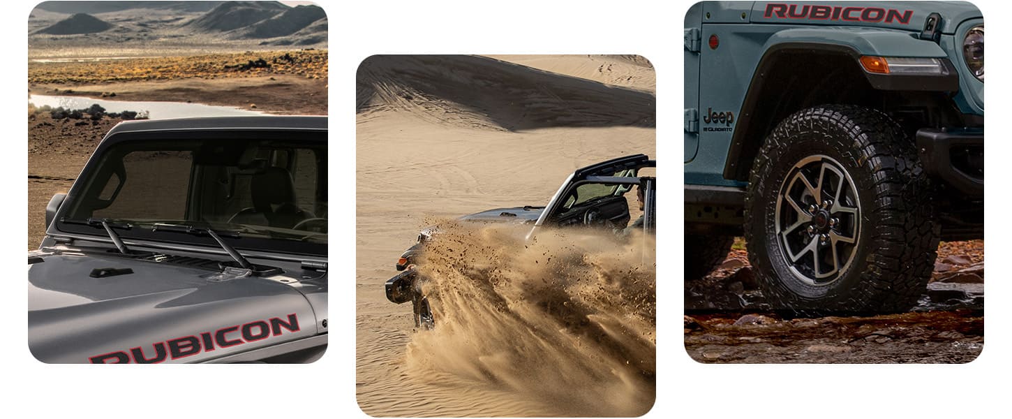 Three exterior angles of the 2026 Jeep Gladiator: the windshield of the Rubicon, the driver side of the Mojave almost totally obscured by flying sand and the wheel and tire on a Rubicon X.