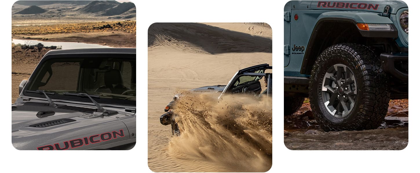 Tres ángulos exteriores de la Jeep Gladiator 2026: el parabrisas de la Rubicon, el lado del conductor de la Mojave casi totalmente oculto por la arena que vuela, y la rueda y el neumático de una Rubicon X.