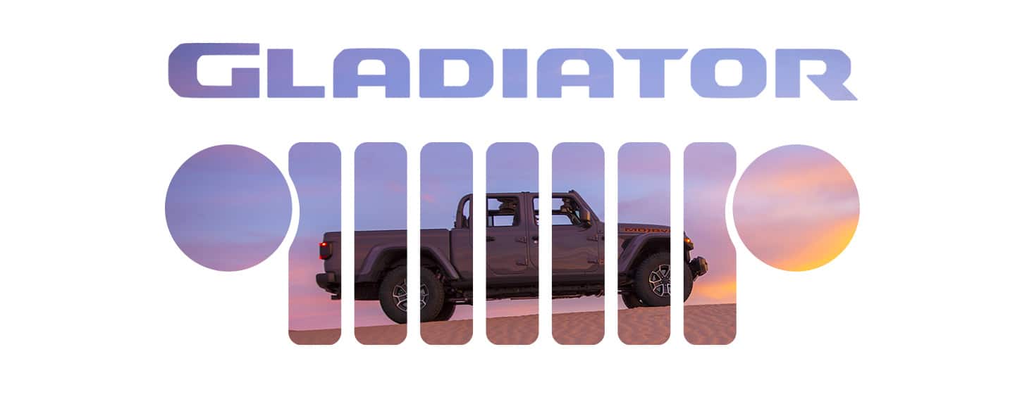 A passenger-side profile of a gray 2026 Jeep Gladiator Mojave X parked on sandy terrain at sunset. Over the image is a stencil of the Jeep Brand seven-slot grille. Gladiator.