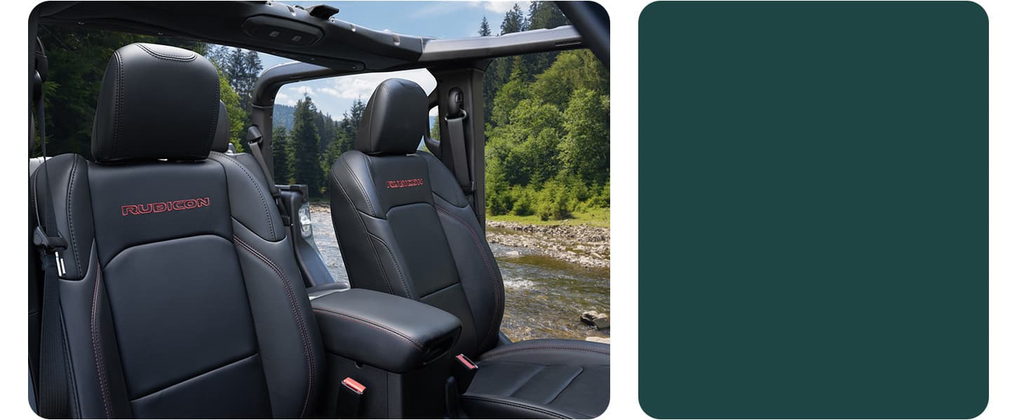 The front seats in the 2026 Jeep Gladiator Rubicon X with its doors and top removed.