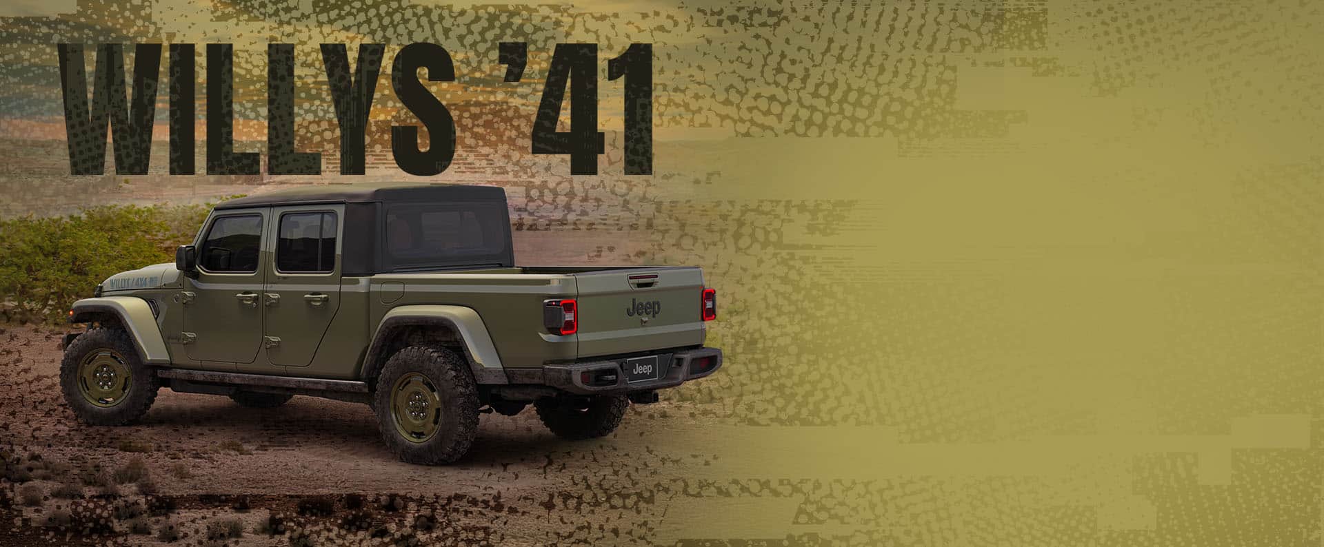 Un ángulo trasero del lado del conductor de un Jeep Gladiator Willys '41 2026 en color Olive Drab. Willys '41.