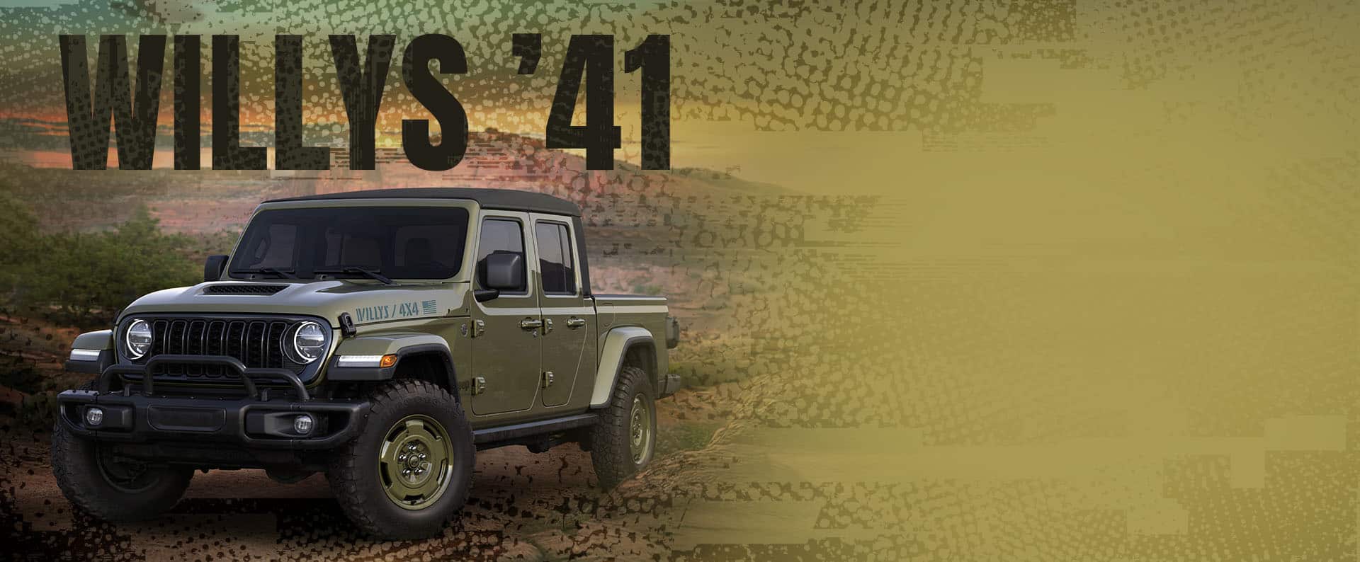 Un ángulo delantero/trasero del lado del conductor de un Jeep Gladiator Willys '41 2026 en color Olive Drab. Willys '41.
