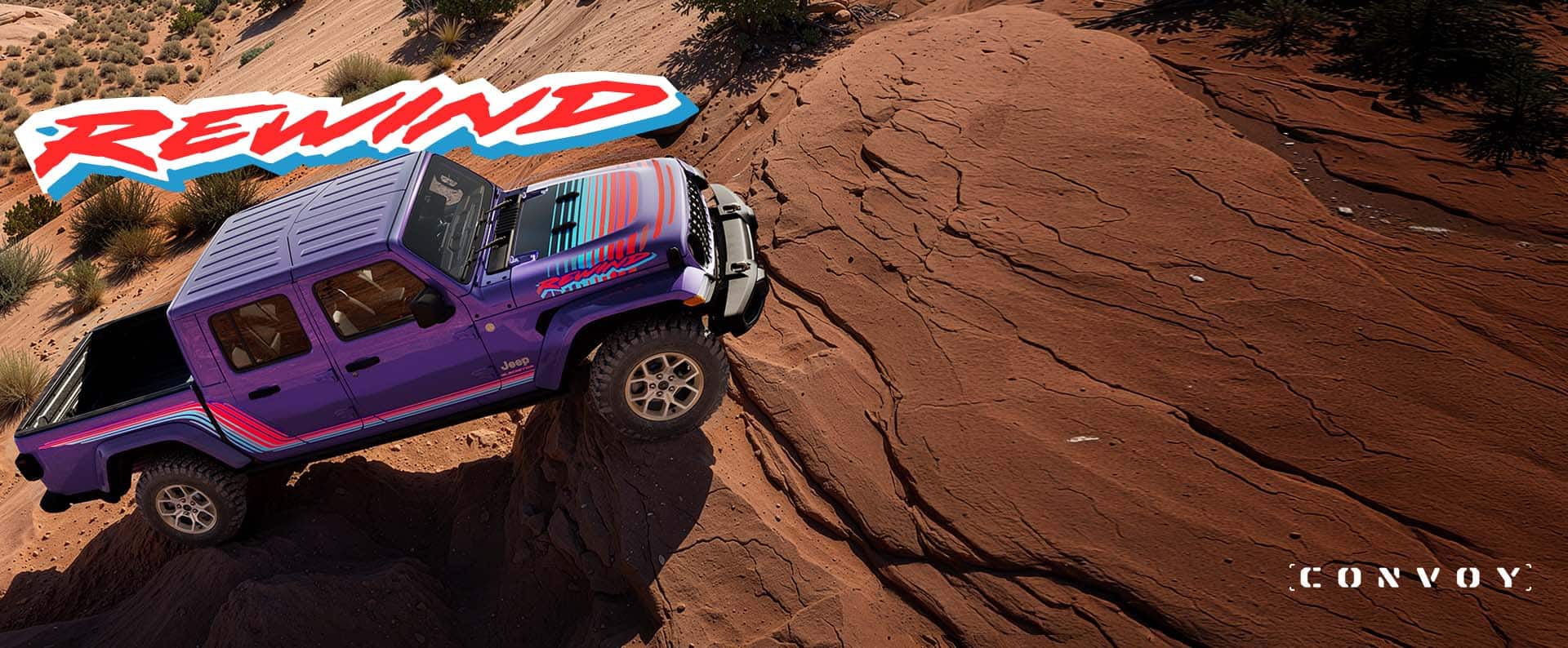 A purple 2026 Jeep Gladiator Rewind with red and blue hood, door and bed side panel decals, ascending a rocky hill off-road. Rewind. Convoy.