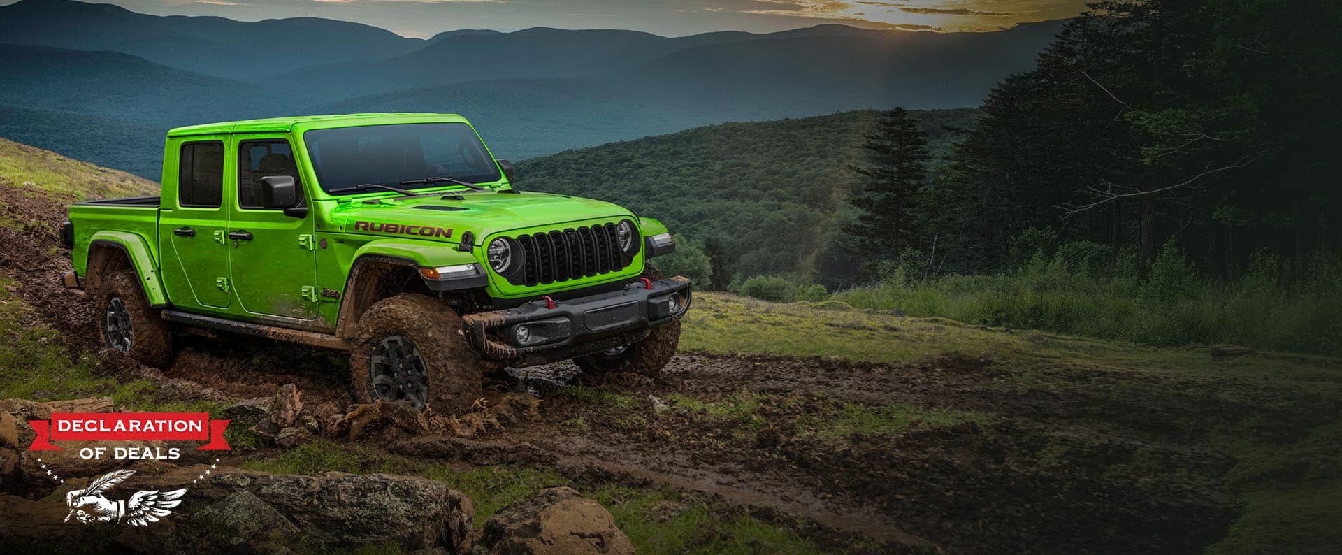 A passenger-side front angle of a lime green 2026 Jeep Gladiator Rubicon X slogging through a muddy trail off-road. Declaration of Deals.