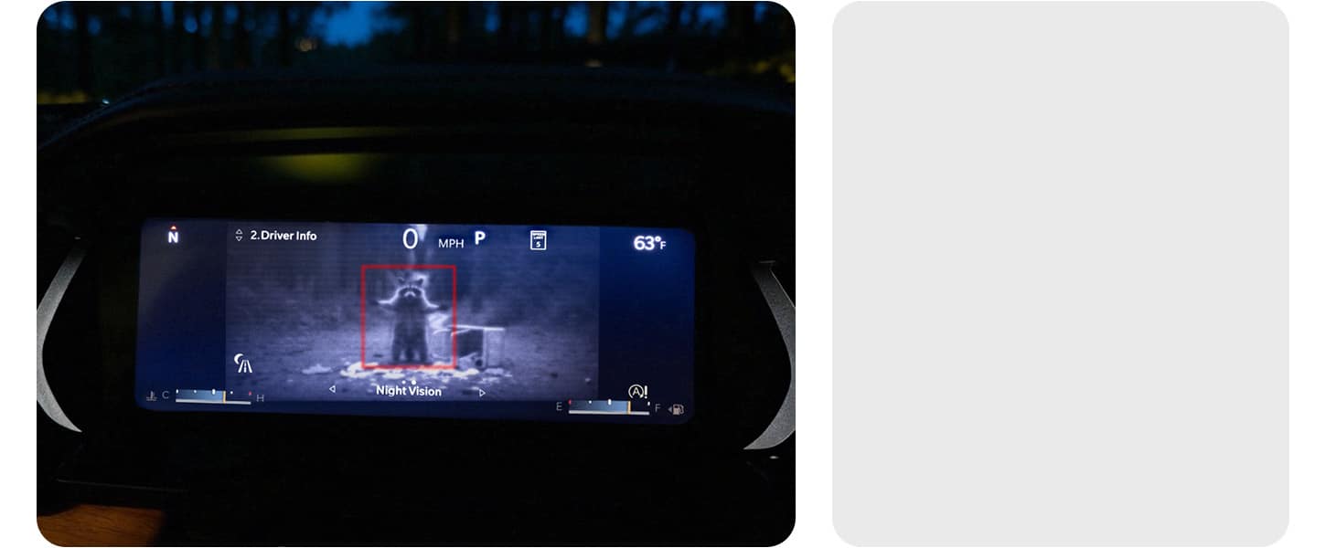 The Digital Cluster in the 2026 Jeep Grand Cherokee displaying a night vision image of a raccoon that has dumped all the contents of a picnic basket.
