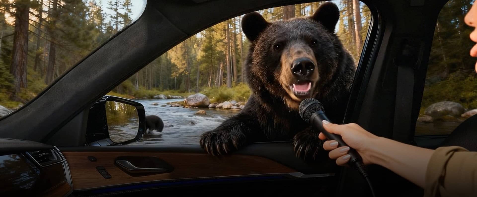 Un oso negro parado afuera de la ventana delantera del lado del pasajero de un Jeep Grand Cherokee 2026, hablando con un hombre que está dentro del SUV sosteniendo un micrófono.