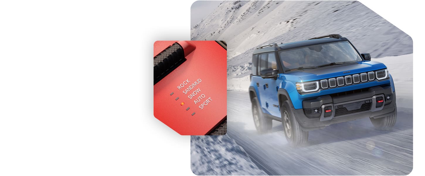 A blue 2026 Jeep Recon Moab traveling on a snow-covered road in the mountains and the Selec-Terrain Traction Management System drive mode set on Snow.