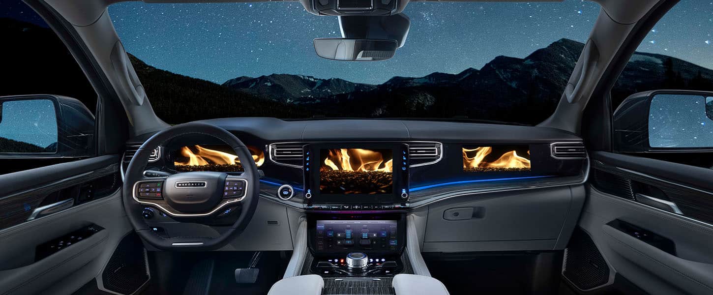 2026 Jeep Grand Wagoneer multi-screen interior showing 75 inches of total display space