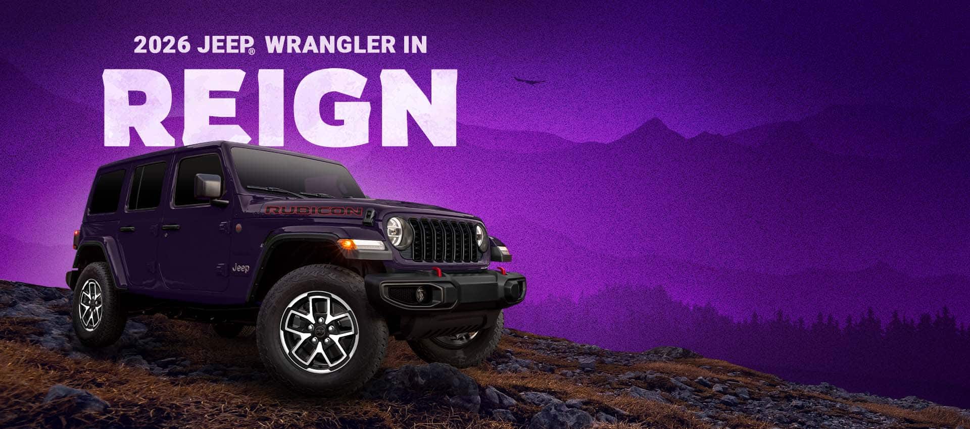 A dark purple 2026 Jeep Wrangler Rubicon X four-door with illustrated purple mountains in the background. 2026 Jeep Wrangler in Reign.