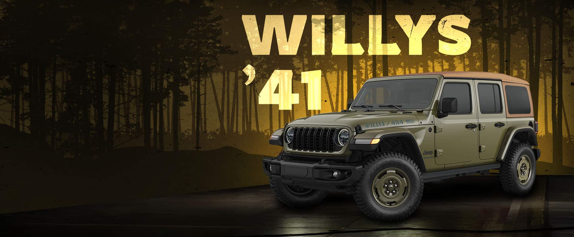 An olive drab 2026 Jeep Wrangler Willys '41 four-door with a tan soft top. The background is an illustrated forest in shades of gold. Willys '41.
