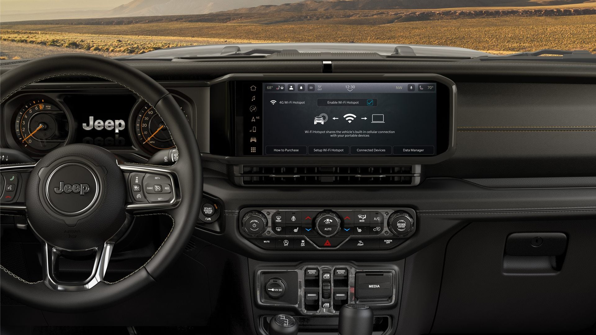 Dashboard of the 2027 Jeep Wrangler 4-Door with the 12.3-inch Uconnect 5 touchscreen, instrument cluster and steering wheel. Manufacturer photo.