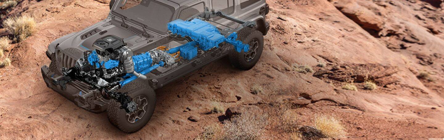 An under-the-skin illustration of the engine and battery pack in the 2021 Jeep Wrangler 4xe with components and connections highlighted.