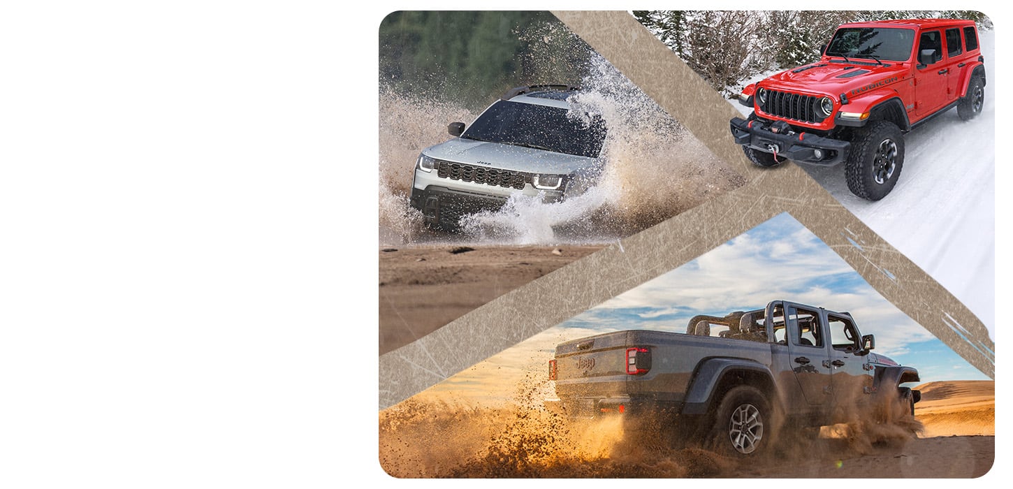 A collage of three 2026 Jeep Brand vehicles: a white Cherokee Overland fording through a stream, a red Wrangler Rubicon traveling on snow and a gray Gladiator Mojave with its top removed, trekking on sand through the desert.