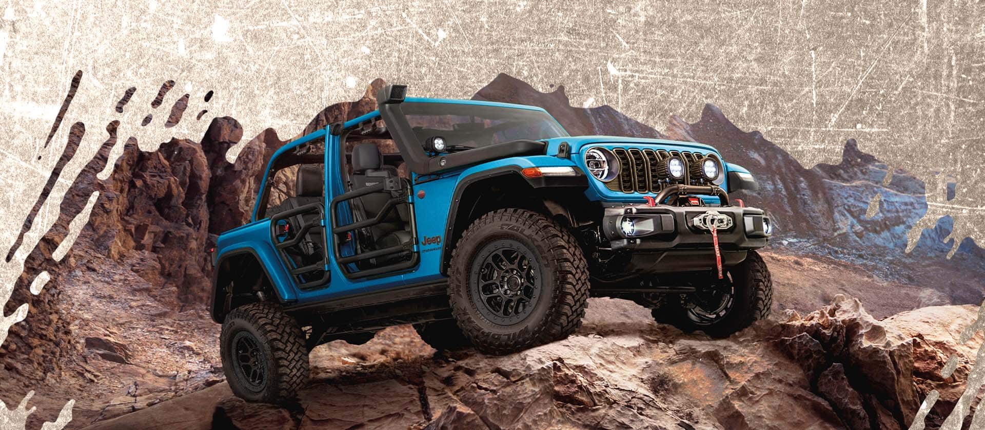 A blue 2026 Jeep Wrangler Rubicon with tube doors and its top removed, crawling up a rocky trail on an illustrated background.
