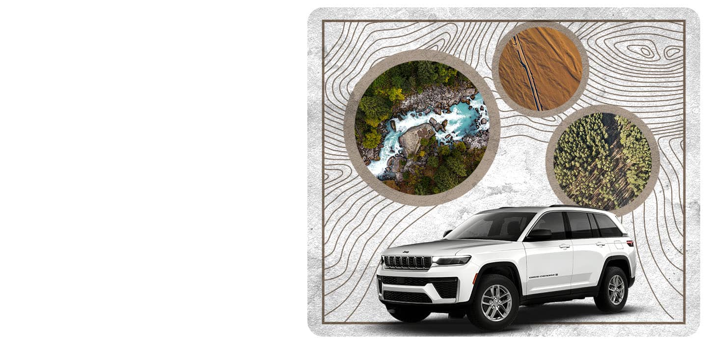 A white 2026 Jeep Grand Cherokee with three images above it: a stream in the woods, a piece of wood and a forest.