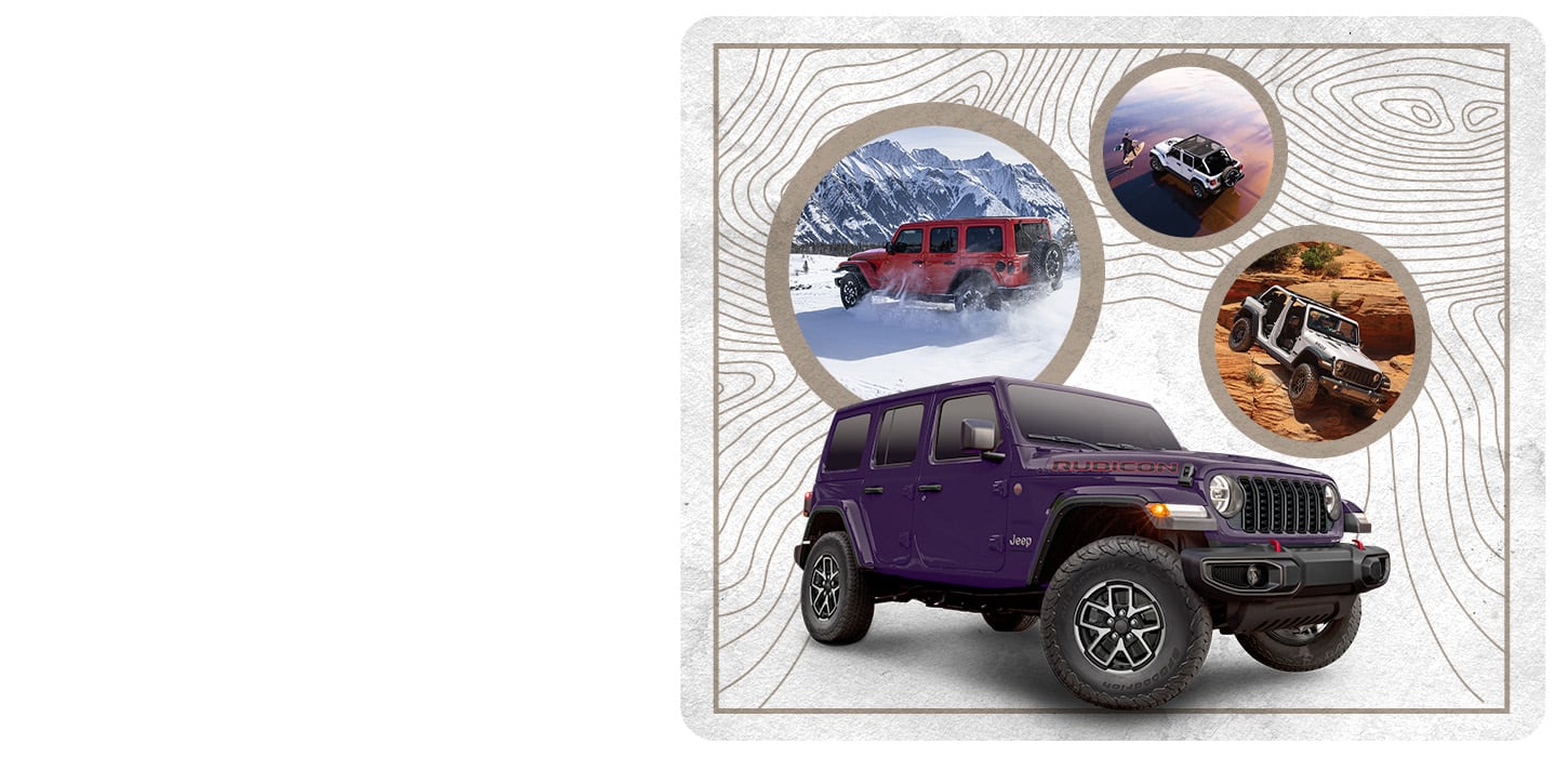Four 2026 Jeep Wrangler vehicles, clockwise from the top: a white Wrangler Texas Trail at the beach with its top removed, a white Wrangler Willys with its doors and top removed descending a rocky hill, a purple Wrangler Rubicon X and a red Wrangler Rubicon X traveling through a snow-covered trail.