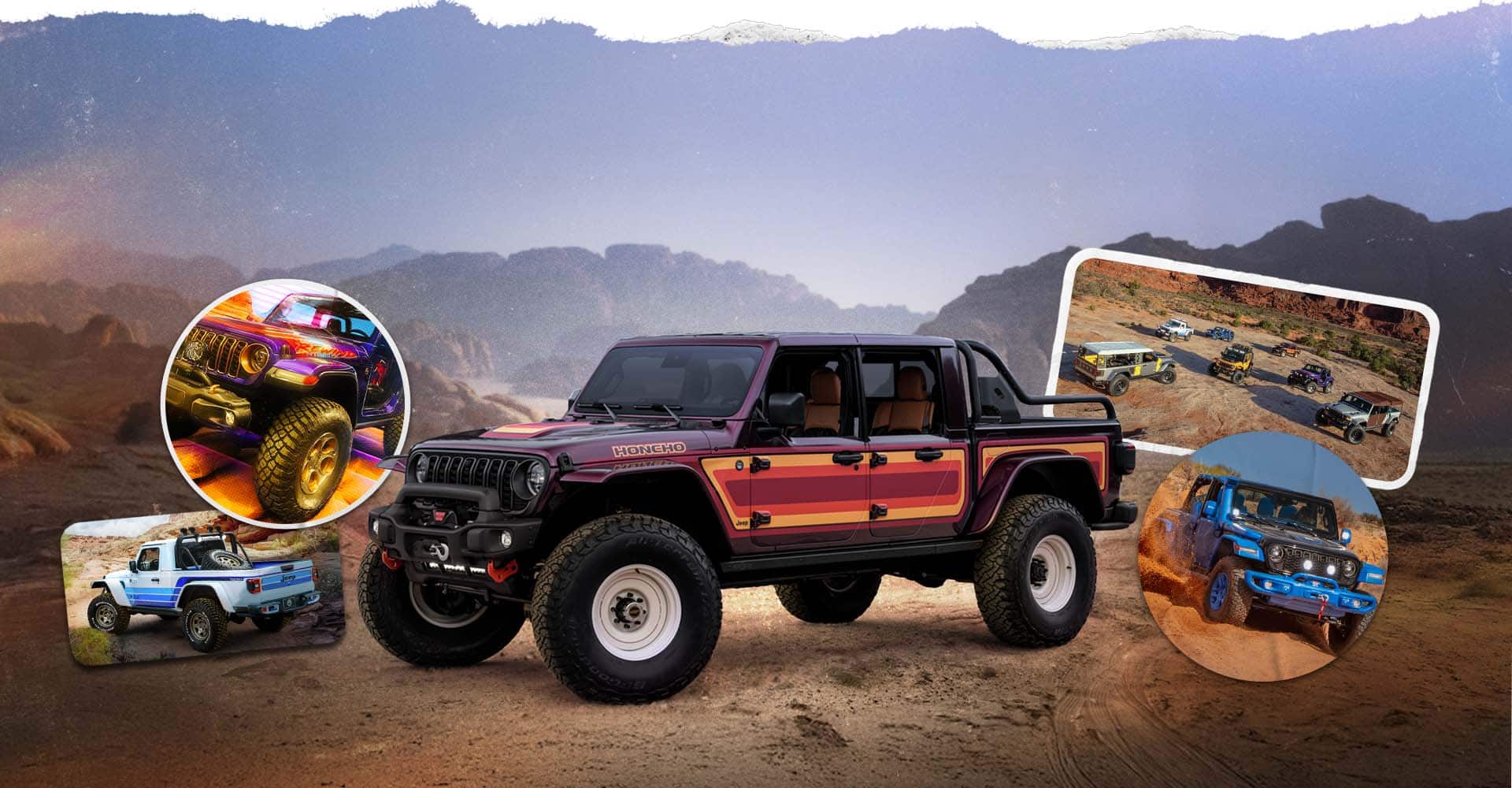 A Jeep Honcho Concept Vehicle in shades of maroon, red, orange and black, surrounded by four inset images of Jeep Brand vehicles at the Easter Jeep Safari.