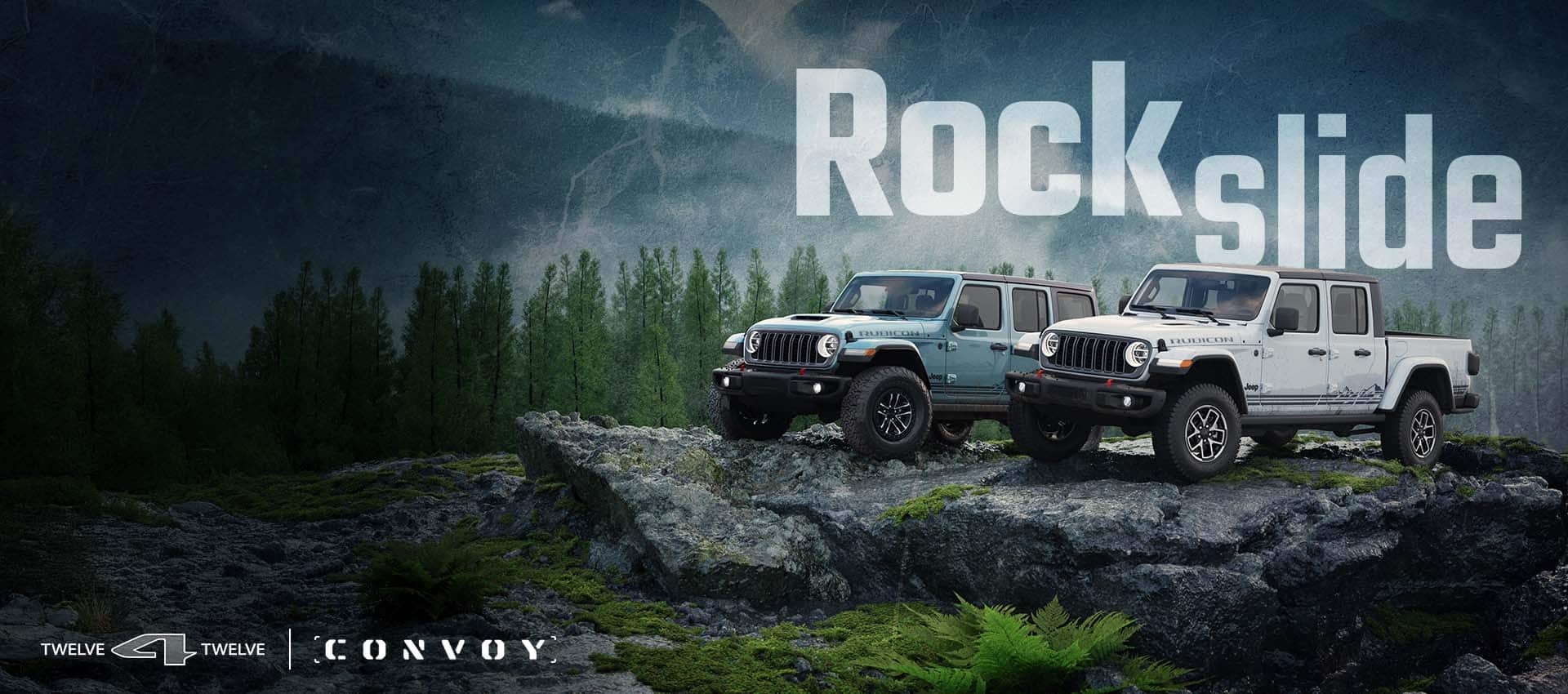 A blue-green 2026 Jeep Wrangler Rubicon Rockslide and a white 2026 Jeep Gladiator Rubicon Rockslide parked beside each other on a stony outcropping in the mountains. Rockslide. 12 for 12. Convoy.