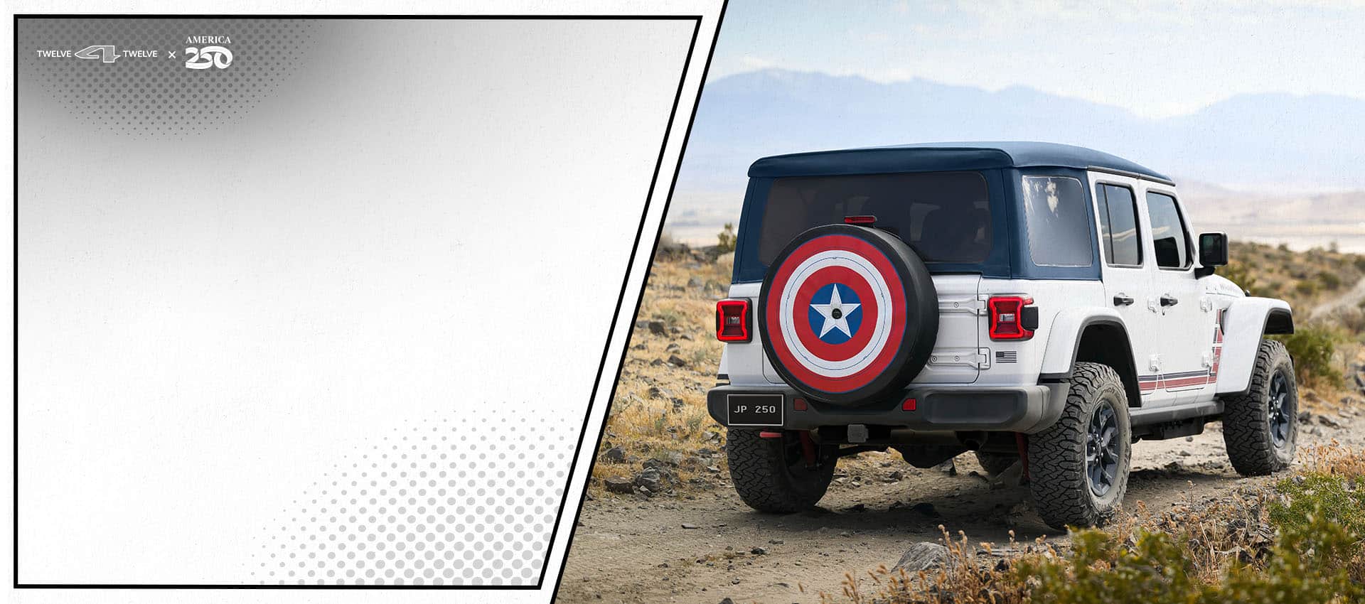 A white 2026 Jeep Wrangler America 250 Edition with red and blue graphics and showing off its spare tire cover—reminiscent of Captain America's shield on its swing gate. Shot from a rear angle. 12 for 12 x America 250.