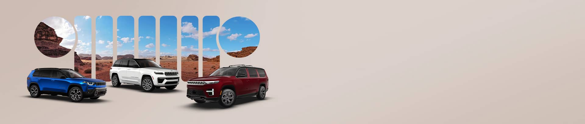 Three 2026 Jeep Brand SUVs: a blue Cherokee Overland, a white Grand Cherokee Summit and a red Grand Wagoneer Upland. In the background is a Wrangler grille and headlamp cutout over a desert landscape.