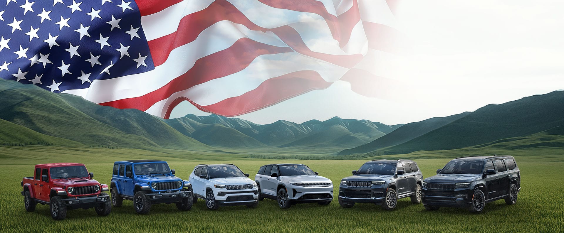 A lineup of six 2025 Jeep Brand vehicles . From left to right: a red Gladiator Mojave X, a blue Wrangler Rubicon X 4xe, a white Compass Limited, a silver Wagoneer S Launch Edition, a gray Grand Cherokee Summit Reserve and a black Grand Wagoneer Obsidian, parked on a grassy clearing with mountains and an American flag in the background.